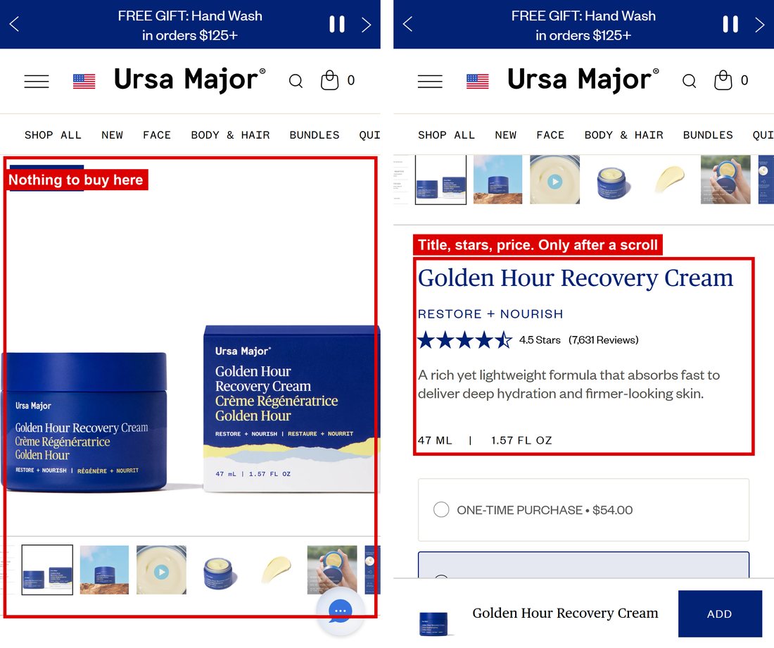 Ursa Major product page on a phone: the first screen shows only the product photo, with no title, price or buy button