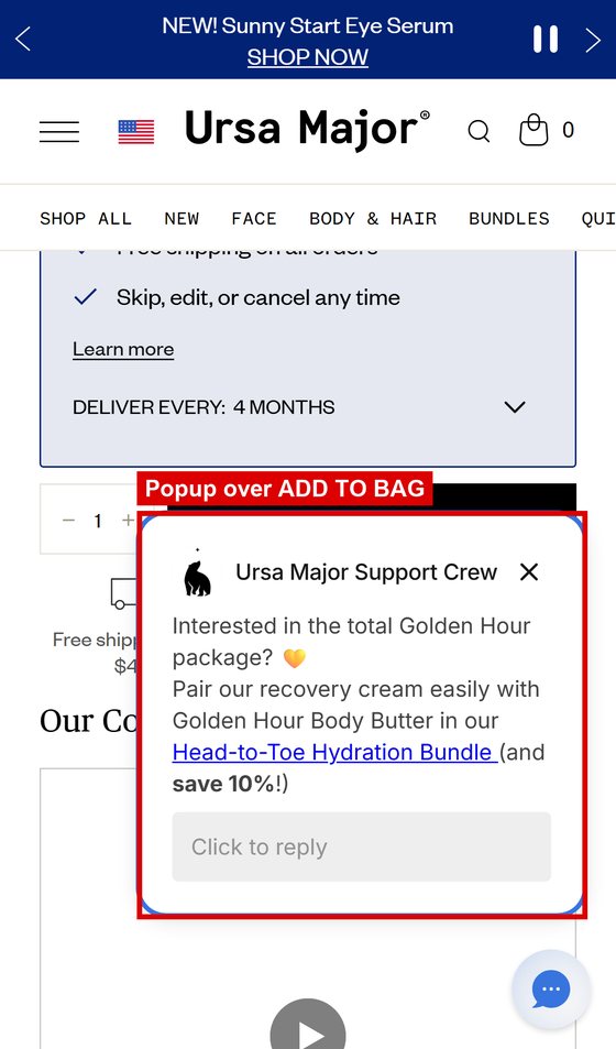 Ursa Major product page on a phone: a chat popup covers the Add to Bag button